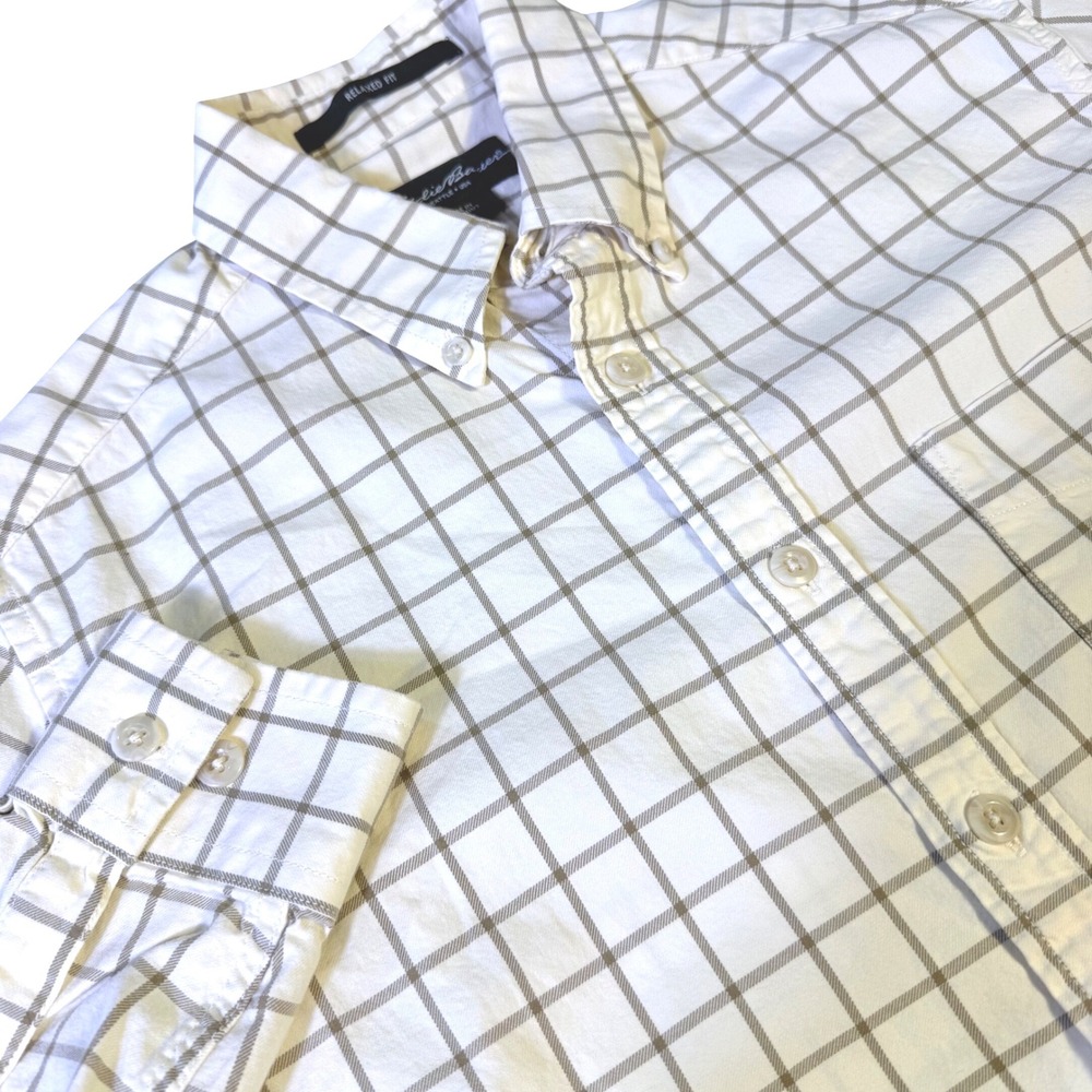 Eddie Bauer Button Down Shirt S Cream Tan Windowpane Check Relaxed Fit Cotton